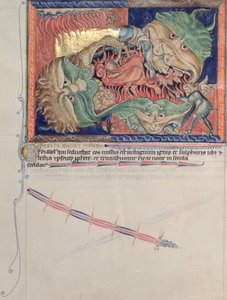 De kaken van de hel slikken de rode draak, het beest van de zee en het beest van de aarde in, uit de Gulbenkian Apocalyps, c.1265-70 door English School