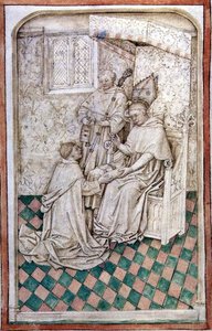 Ms R 14.5 f.8v Thomas Bekynton, Bisschop van Bath en Wells, ontvangt Chaundler, uit het Abingdon Missaal, 1457-61