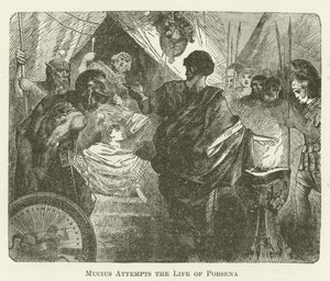 Mucius probeert het leven van Porsena te nemen door English School