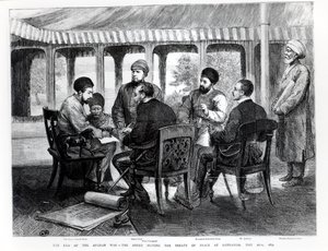 Muhammad Yaqub Khan (1849-1923) ondertekent het vredesverdrag in Gundamak op 26 mei 1879