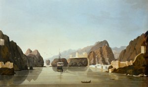Muscat vanuit de haven met een Britse fregat voor anker, uit Sixteen Views of Places in the Persian Gulf, door Luitenant R. Temple, gepubliceerd 1813