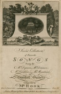Muzikale partituur met favoriete liedjes gezongen in Vauxhall-tuinen, Londen, gecomponeerd door Mr Hook door English School