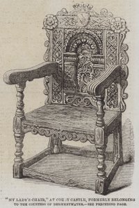 "De stoel van mijn dame," in Corby Castle, voorheen eigendom van de Gravin van Derwestwater (gravure) door English School