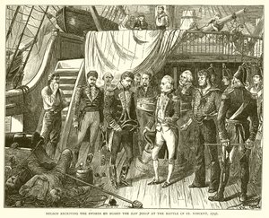 Nelson ontvangt de Zwaarden aan Boord van de San Josef bij de Slag om St. Vincent, 1797 door English School