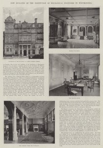 Nieuw gebouw van de Institution of Mechanical Engineers in Westminster (gravure) door English School