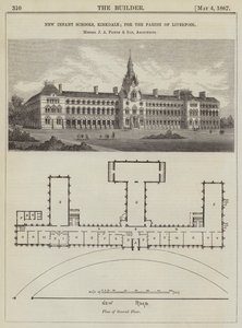 Nieuwe Kleuterscholen, Kirkdale; voor de Parochie van Liverpool, Messrs J A Picton en Zoon, Architecten (gravure) door English School