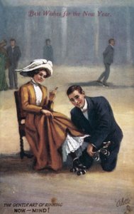 Nieuwjaarskaart met rolschaatsers door English School