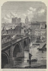 Newcastle-upon-Tyne vanuit het zuiden, met het kasteel en de torenspits van St Nicholas (gravure) door English School