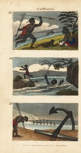 Nguni of Bantu (Kaffir) krijger die antilope jaagt met speren, een vrouw in een rivier achterlaat en een anker van een Oost-Indië schip aanbidt