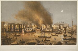 Nachtzicht van de brand in Tooley Street, Bermondsey, 1861 door English School