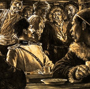Nikolkai Prjevalsky en de Gobi-woestijn (gouache op papier) door English School