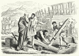 Noach bouwt de Ark (gravure) door English School