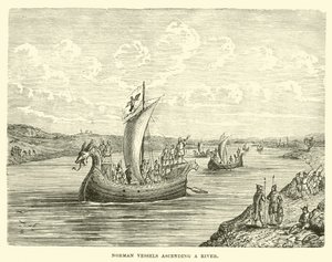 Normandische schepen die een rivier opvaren door English School