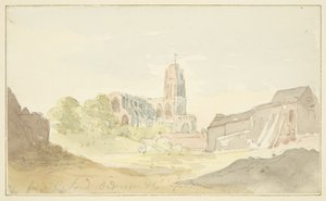 Noordoostelijk uitzicht op St. Mary Redcliffe vanaf Harford Anderson Garden door English School