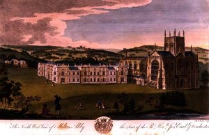 Noordwestelijk uitzicht op Milton Abbey, zetel van de Eerwaarde Joseph, Graaf van Dorchester, gegraveerd door Edward Rooker door English School