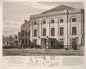 Noordoostelijke aanblik van het Surrey Theatre, voorheen The Royal Circus bij de obelisk, Great Surrey Street, 1814 door English School