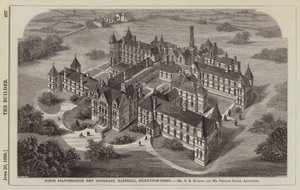 North Staffordshire Nieuwe Inrichting, Hartshill, Stoke-upon-Trent, Mr G B Nichols en Mr Charles Lynam, Architecten (gravure) door English School
