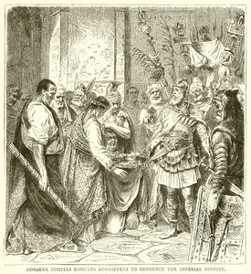 Odoaker dwingt Romulus Augustulus om afstand te doen van de keizerlijke waardigheid door English School