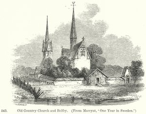 Oude plattelandskerk en Belfort (gravure)