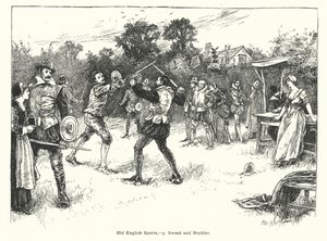 Oud-Engelse sport, zwaard en beugel (gravure)
