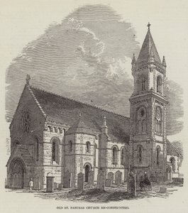 Oude St Pancras-kerk herbouwd (gravure) door English School