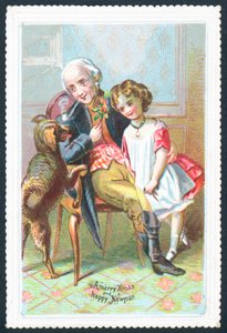 Oude heer zittend in stoel met meisje en hond, kerstkaart