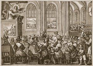 Oliver Cromwell predikt voor een puriteinse gemeente, illustratie uit De Kerk van Engeland: Een Geschiedenis voor het Volk door H.D.M. Spence-Jones