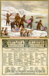 Op weg naar de Noordpool, voor- en achterkant van een promotiekaart voor Huntley & Palmers Biscuits, geproduceerd voor de Franse markt, 1890 door English School