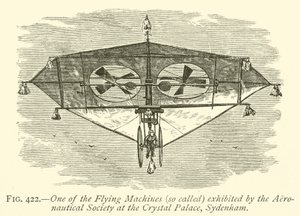 Een van de vliegmachines tentoongesteld door de Aeronautical Society in het Crystal Palace, Sydenham door English School