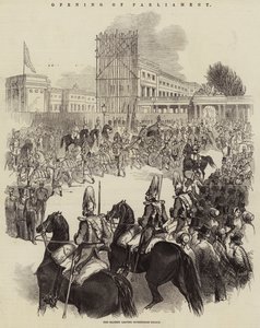 Opening van het Parlement, Hare Majesteit verlaat Buckingham Palace (gravure) door English School