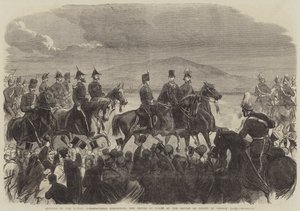 Opening van de Dublin Internationale Tentoonstelling, de Prins van Wales bij de Troepenparade in Phoenix Park (gravure) door English School