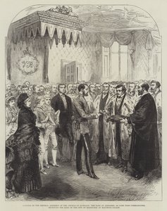 Opening van de Algemene Vergadering van de Kerk van Schotland, de Graaf van Aberdeen, als Lord High Commissioner, ontvangt de sleutels van de stad Edinburgh in Holyrood Palace door English School