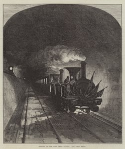 Opening van de Mont Cenis-tunnel, de eerste trein (gravure) door English School