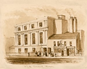 Originele sepia tekening van het nieuwe White Conduit House, Pentonville, Londen
