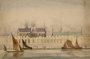 Originele aquareltekening van de bouw van de Houses of Parliament rond 1842