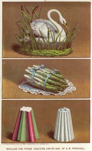 Ornamentale mallen voor het maken van ijsvormen in de vorm van een zwaan en een bundel asperges door English School