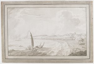 Otahete met uitzicht vanaf de achterkant van Point Venus naar Pithas Long House door English School