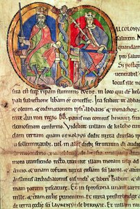 Pagina uit het charter van Kelso Abbey met een verlichte initiaal die koning David I (1084-1153) en zijn kleinzoon Malcolm IV (1141-65) afbeeldt 1159 door English School