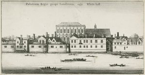 Paleis van Whitehall vanaf de rivier de Theems, Westminster, Londen, VK (ets) door English School