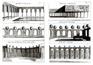 Palisadeontwerpen, uit Theory and Practice of Gardening, door Antoine-Joseph Dezallier DArganville (1680-1765), gepubliceerd c.1709 door English School