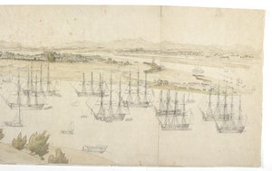 Panorama (rechterhelft) van Whampoa vanaf Dane Island, met Britse en Amerikaanse schepen in de ankerplaats