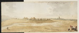 Panorama van de Grote Tempel van Jagannath, Puri (Orissa), genomen vanuit het westen, met Europese bungalows op de voorgrond aan de kust, september 1820 door English School
