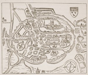 Panoramisch uitzicht op Canterbury in de zestiende eeuw, illustratie uit De Kerk van Engeland: Een Geschiedenis voor het Volk door H.D.M. Spence-Jones