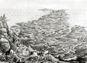 Panoramisch uitzicht op India vanaf de Himalaya-bergen, ontworpen door T. Packer, 1857 door English School