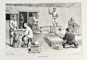 Papiermolen, China, illustratie uit The Universal Geography, the Earth and its inhabitants door Elisee Reclus, uitgegeven 1878 door English School