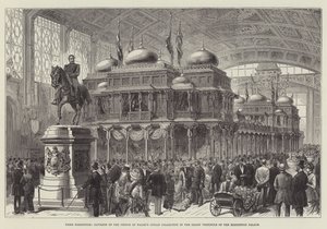 Parijs tentoonstelling, paviljoen van de Indiase collectie van de prins van Wales in de grote vestibule van het tentoonstellingspaleis (gravure) door English School