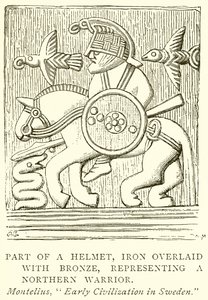 Deel van een helm, ijzer bedekt met brons, voorstellende een noordelijke krijger (gravure)
