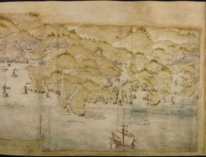 Deel van een panoramische kaart van de kust van Land