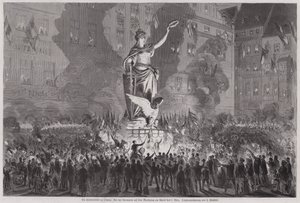 Vredesvieringen voor het standbeeld van Germania op het marktplein van Leipzig, Duitsland, op de avond van 5 maart 1870 door English School