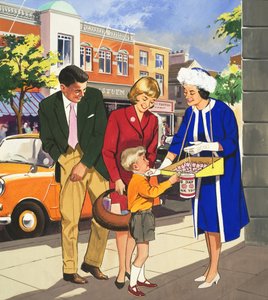 Mensen die je ziet: De Vlaggenverkoper (gouache op papier) door English School